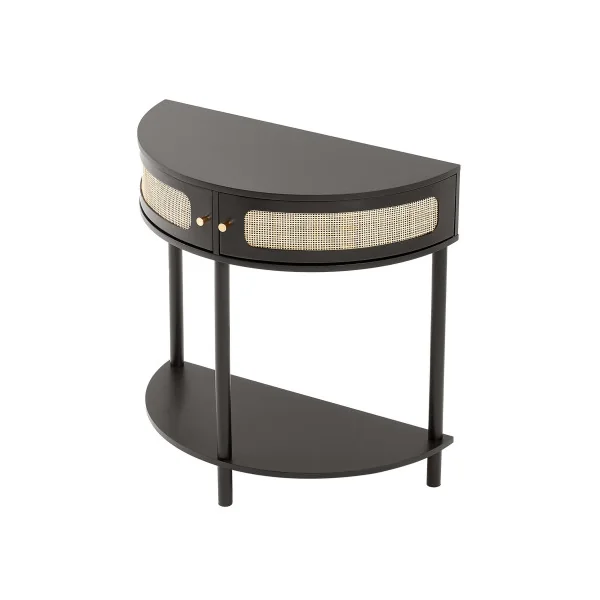 Console Noir en Rotin Naturel Demi Lune avec Etagère 2 tiroirs Table d'Entrée Couloir Séjour Chambre