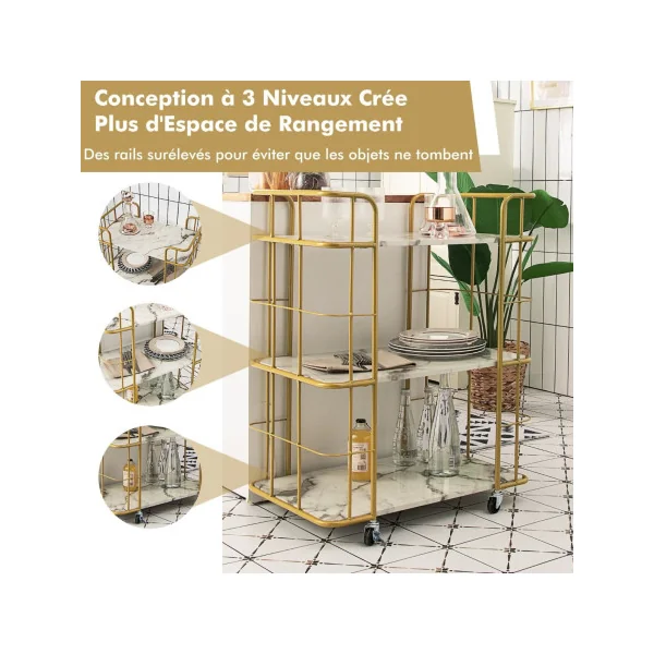 Desserte de Cuisine 3 Plateaux Imitation Marbre Mobile Chariot de Service Structure en Métal Doré Servante Cuisine