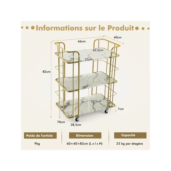 Desserte de Cuisine 3 Plateaux Imitation Marbre Mobile Chariot de Service Structure en Métal Doré Servante Cuisine