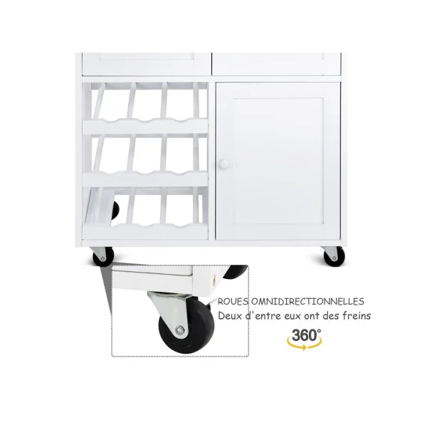 Desserte de Cuisine Blanche Chariot de Service 1 Tiroir 2 Armoires 1 Casier à Vin Servante Cuisine