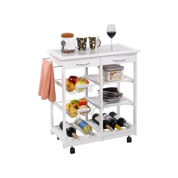 Desserte de Cuisine Blanche Mobile Chariot de Service Étagères et 2 Tiroirs en Bois de Pin Servante Cuisine