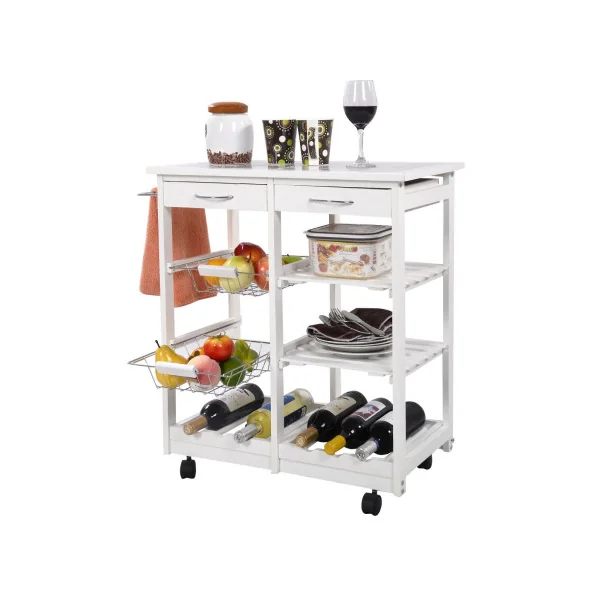 Desserte de Cuisine Blanche Mobile Chariot de Service Étagères et 2 Tiroirs en Bois de Pin Servante Cuisine