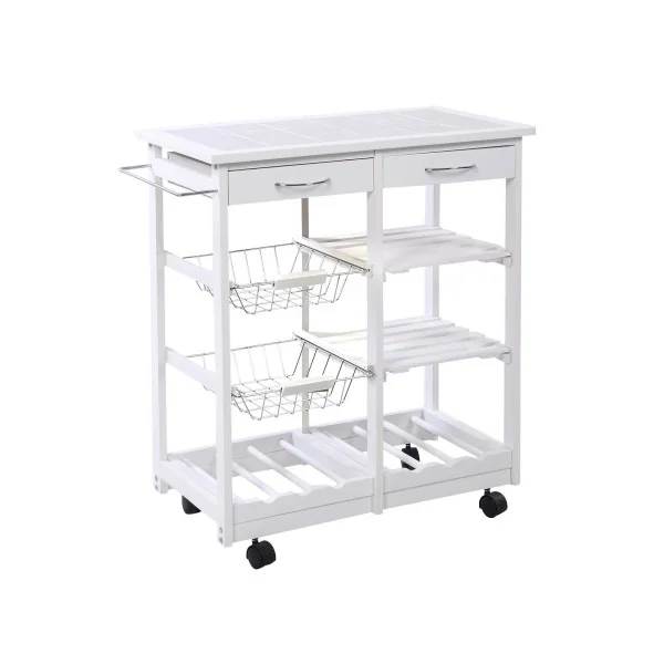 Desserte de Cuisine Blanche Mobile Chariot de Service Étagères et 2 Tiroirs en Bois de Pin Servante Cuisine