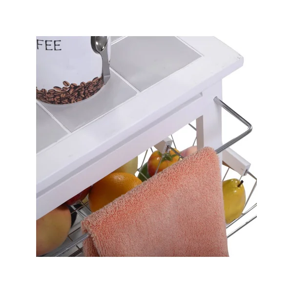 Desserte de Cuisine Blanche Mobile Chariot de Service Étagères et 2 Tiroirs en Bois de Pin Servante Cuisine
