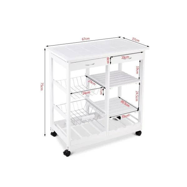 Desserte de Cuisine Blanche Mobile Chariot de Service Étagères et 2 Tiroirs en Bois de Pin Servante Cuisine