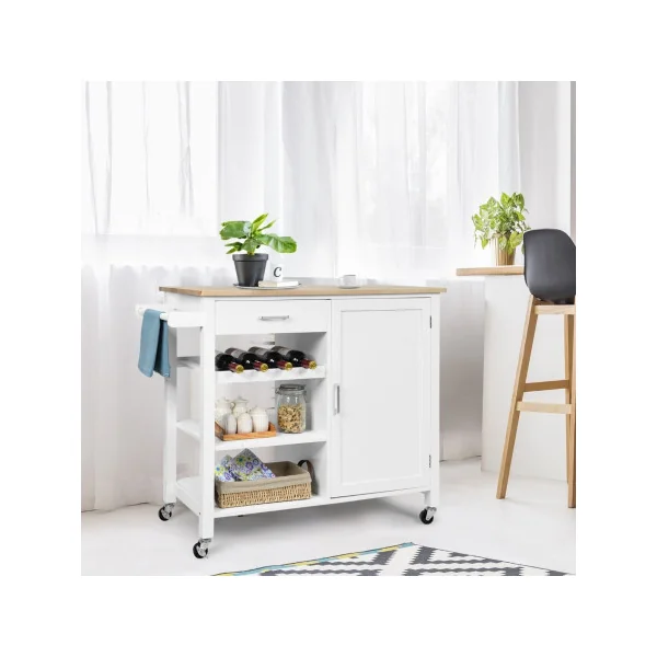 Desserte de Cuisine Mobile Chariot de Service îlot de Cuisine Tiroir Placard Porte-serviettes Blanc