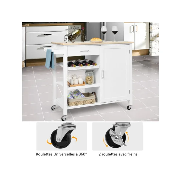 Desserte de Cuisine Mobile Chariot de Service îlot de Cuisine Tiroir Placard Porte-serviettes Blanc