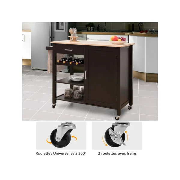 Desserte de Cuisine Mobile Chariot de Service îlot de Cuisine Tiroir Placard Porte-serviettes Marron
