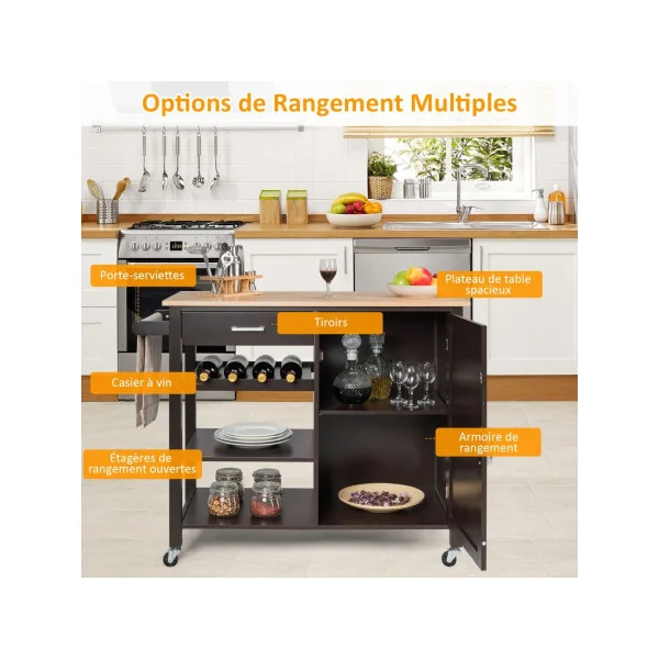 Desserte de Cuisine Mobile Chariot de Service îlot de Cuisine Tiroir Placard Porte-serviettes Marron