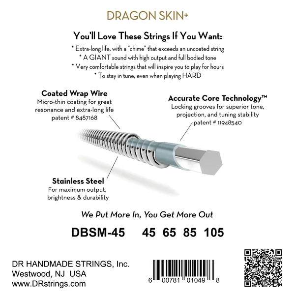 DRAGON SKIN+ Core Technology Coated Wrap 45-105 Tapered Multi-Scale - set of 4 strings