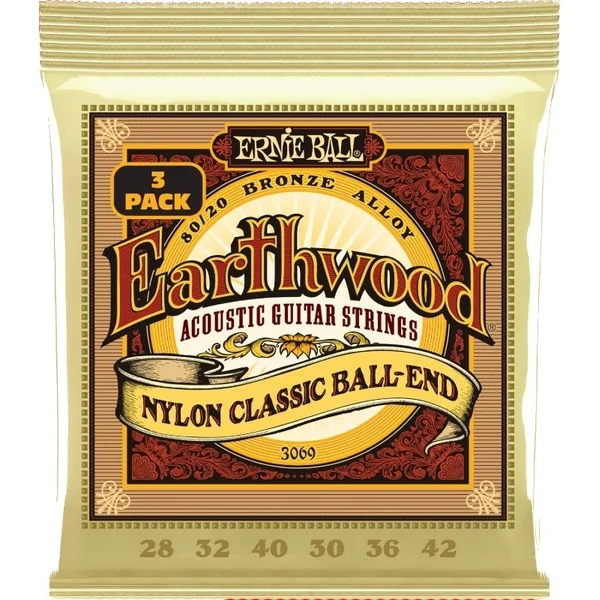Ernie Ball 3069 Folk Nylon transparentes & Or cordes à boule 3-P
