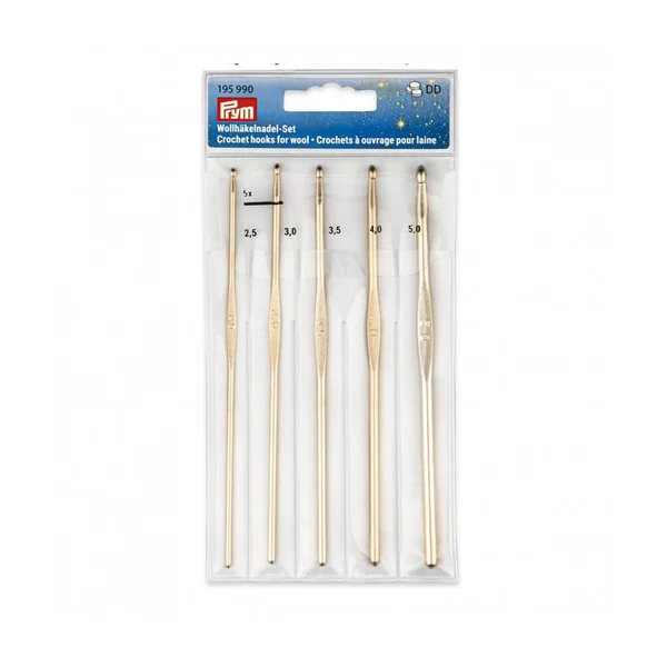 Kit de 5 crochets à ouvrage pour laine en aluminuim doré - Prym