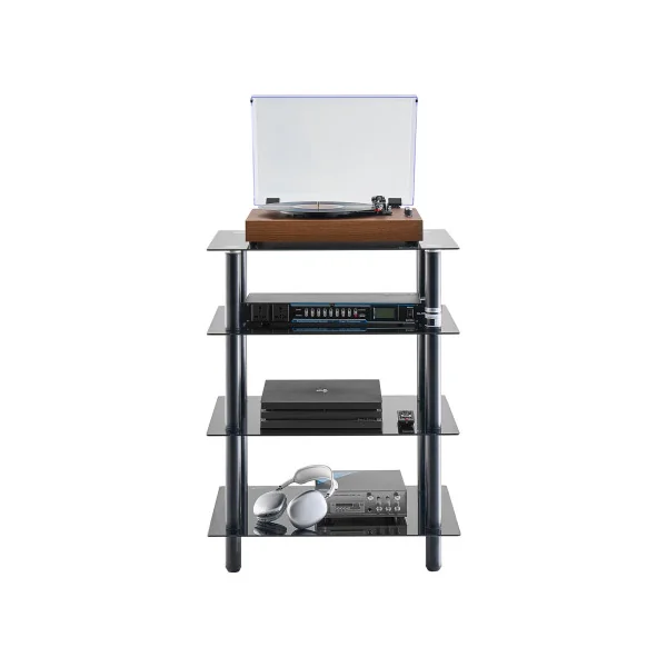 Meuble Audio Lecteur Vinyles Tourne Disque 4 Etagères Verre Trempé