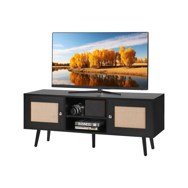 Meuble TV 120 cm Rétro Noir Façades en Rotin pour Téléviseur Banc TV