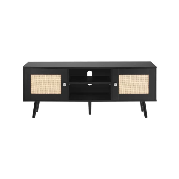 Meuble TV 120 cm Rétro Noir Façades en Rotin pour Téléviseur Banc TV