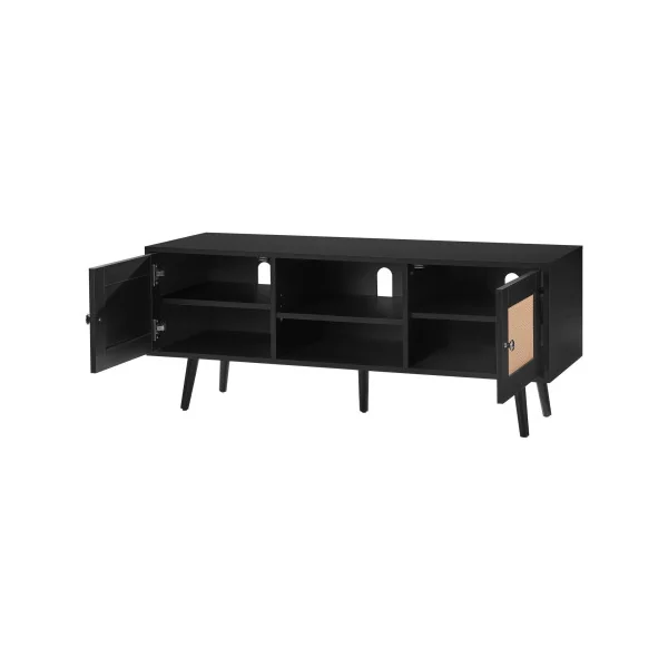 Meuble TV 120 cm Rétro Noir Façades en Rotin pour Téléviseur Banc TV