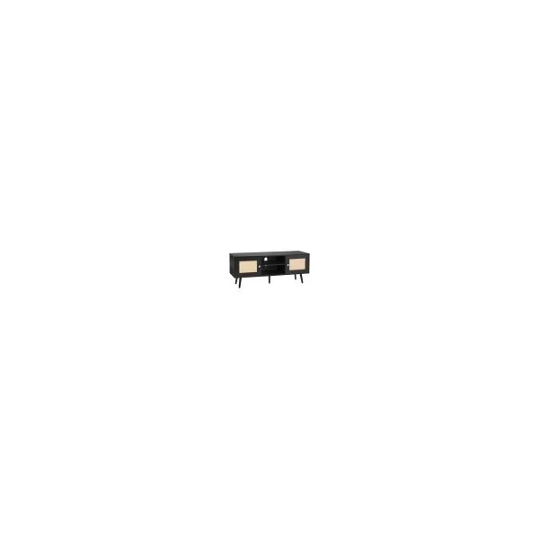 Meuble TV 120 cm Rétro Noir Façades en Rotin pour Téléviseur Banc TV