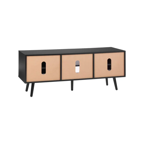 Meuble TV 120 cm Rétro Noir Façades en Rotin pour Téléviseur Banc TV