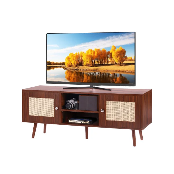 Meuble TV 120 cm Rétro Noyer Façades en Rotin pour Téléviseur Banc TV