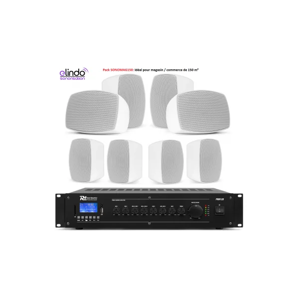 Pack Sonorisation Pro pour Magasin ou Commerce de 150m² | Amplificateur Bluetooth USB SD, 8 Enceintes Miniatures 10W et Câbles