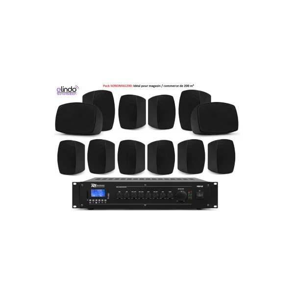 Pack Sonorisation Pro pour Magasin ou Commerce de 200m² | Amplificateur Bluetooth USB SD, 12 Enceintes Miniatures 10W