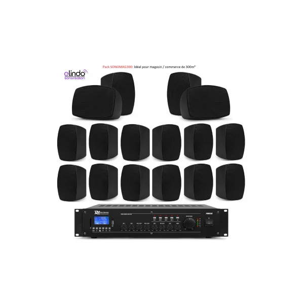 Pack Sonorisation Pro pour Magasin ou Commerce de 300m² | Amplificateur Bluetooth USB SD, 16 Enceintes Miniatures 10W