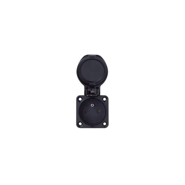 SOCLE SECTEUR FEMELLE 2P+T 240V 16A IP54 NOIR AVEC COUVERCLE PCE (100150)