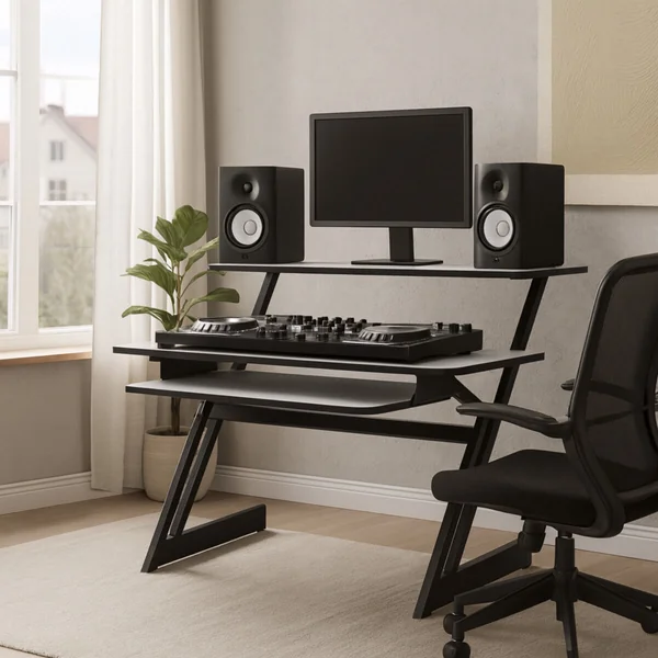 Studiobord med hylder og udtræk til keyboard (120 cm)