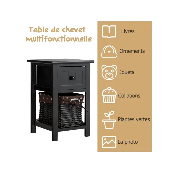 Table Chevet Noir 1 Tiroir 1 Panier Table de Nuit Pour Chambre à Coucher