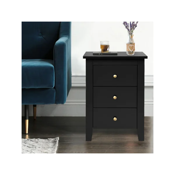 Table Chevet Noir Moderne 3 Tiroirs Table de Nuit Pour Chambre à Coucher