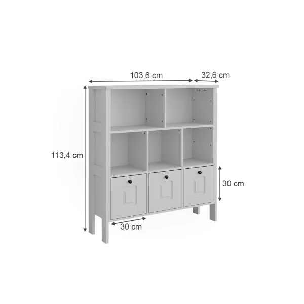 Étagère pour Enfant Blanche 5 Compartiments 3 Tiroirs Bibliothèque Enfant